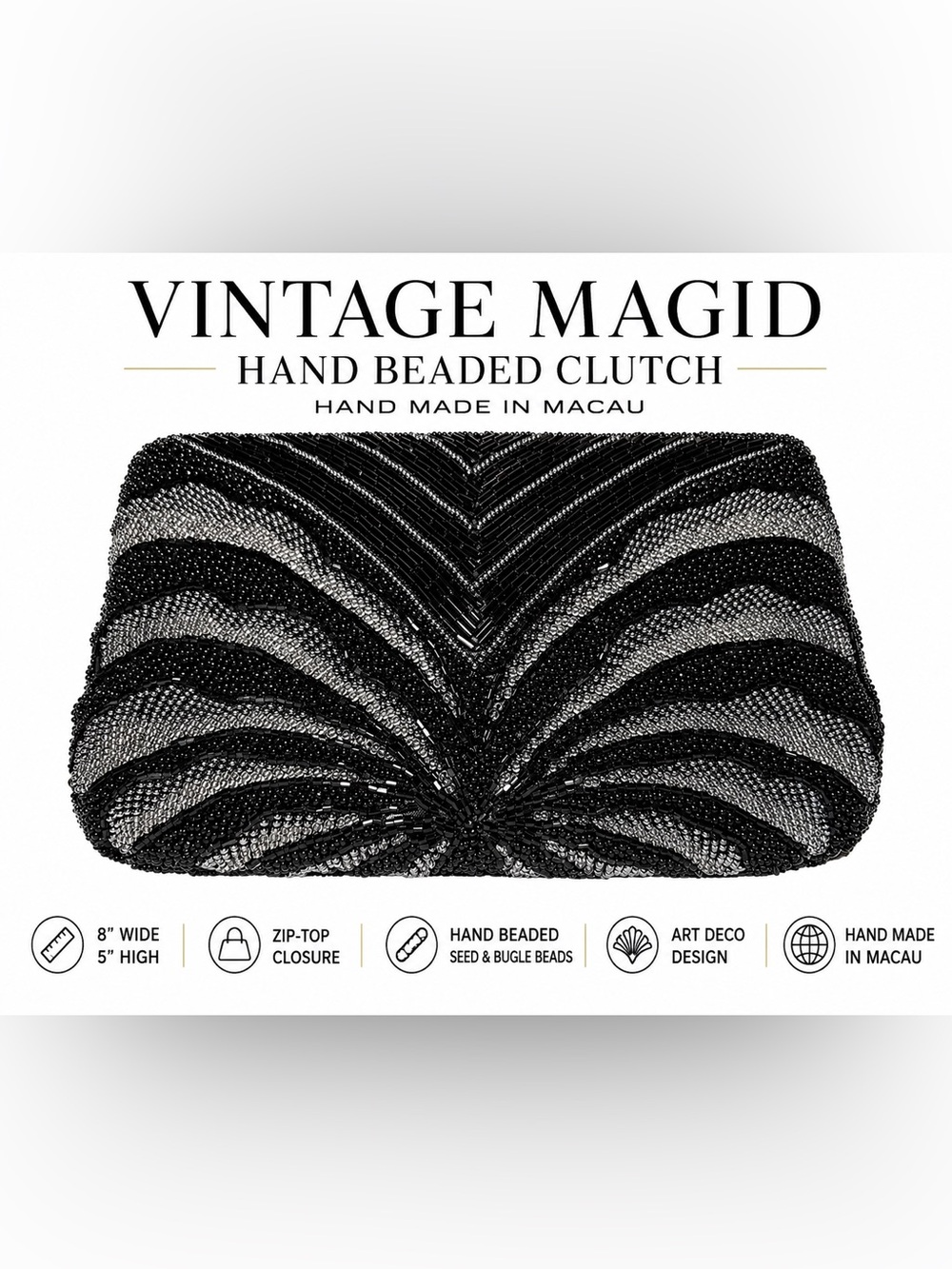 Vintage Magid Hand Beaded Clutch Black Silver Art Deco Evening Bag Macau 8x5